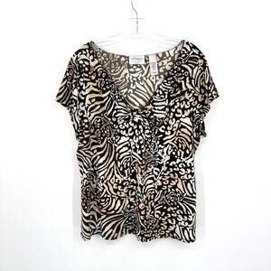 Liz Claiborne 1X Stretch Blouse V-Neck Short Sleeve Animal Print Career Top